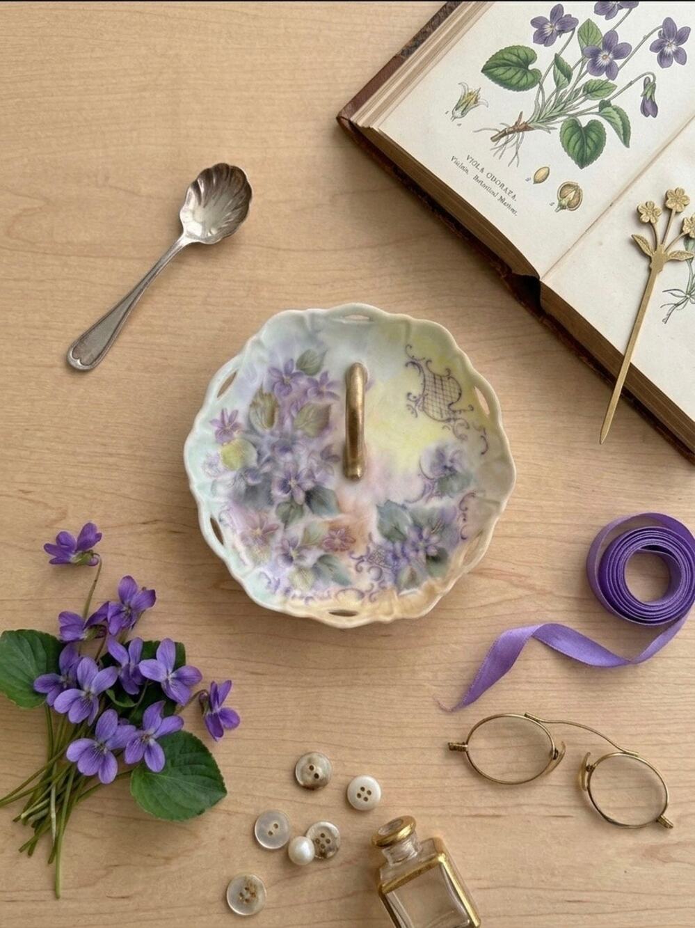 Vintage Hand Painted Porcelain VanityTray Candy Dish Purple Floral & Gold Handle